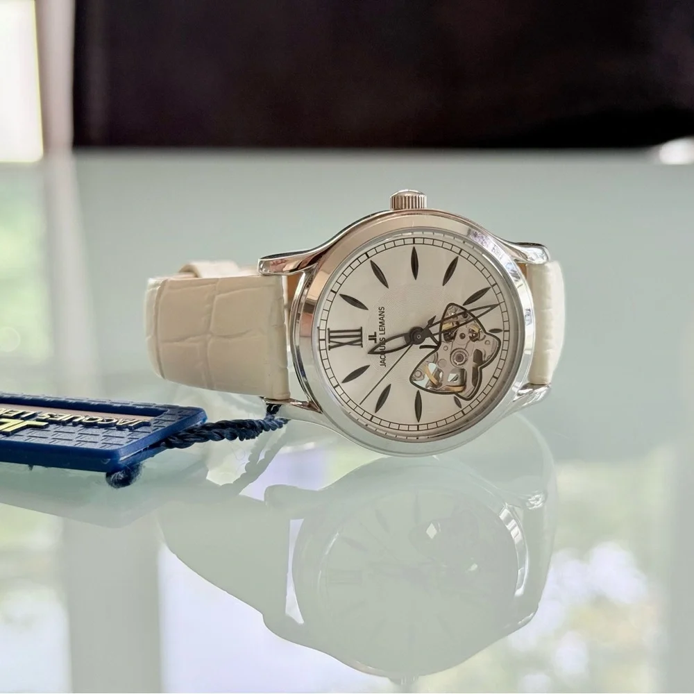Jacques Lemans Silver Timepiece with White Face Butterfly Cutout with Gears